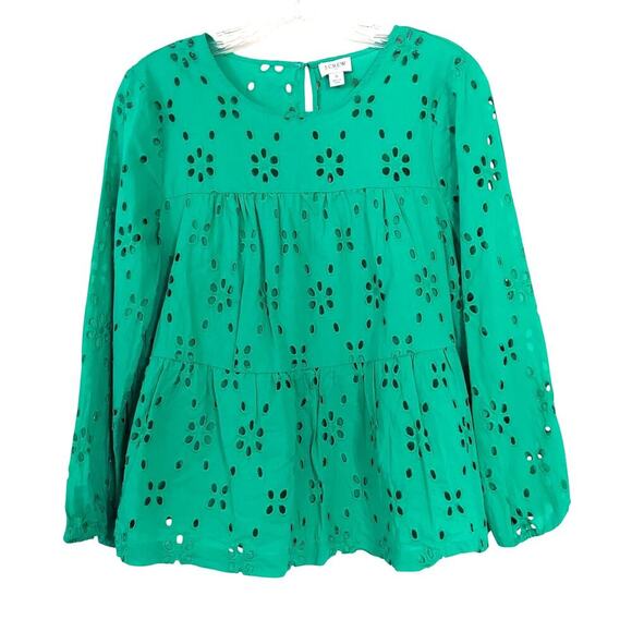 J. Crew Tops - ☆☆SOLD☆☆ J. Crew Kelly Green Eyelet Tiered Popover Long Sleeve Baby Doll Top